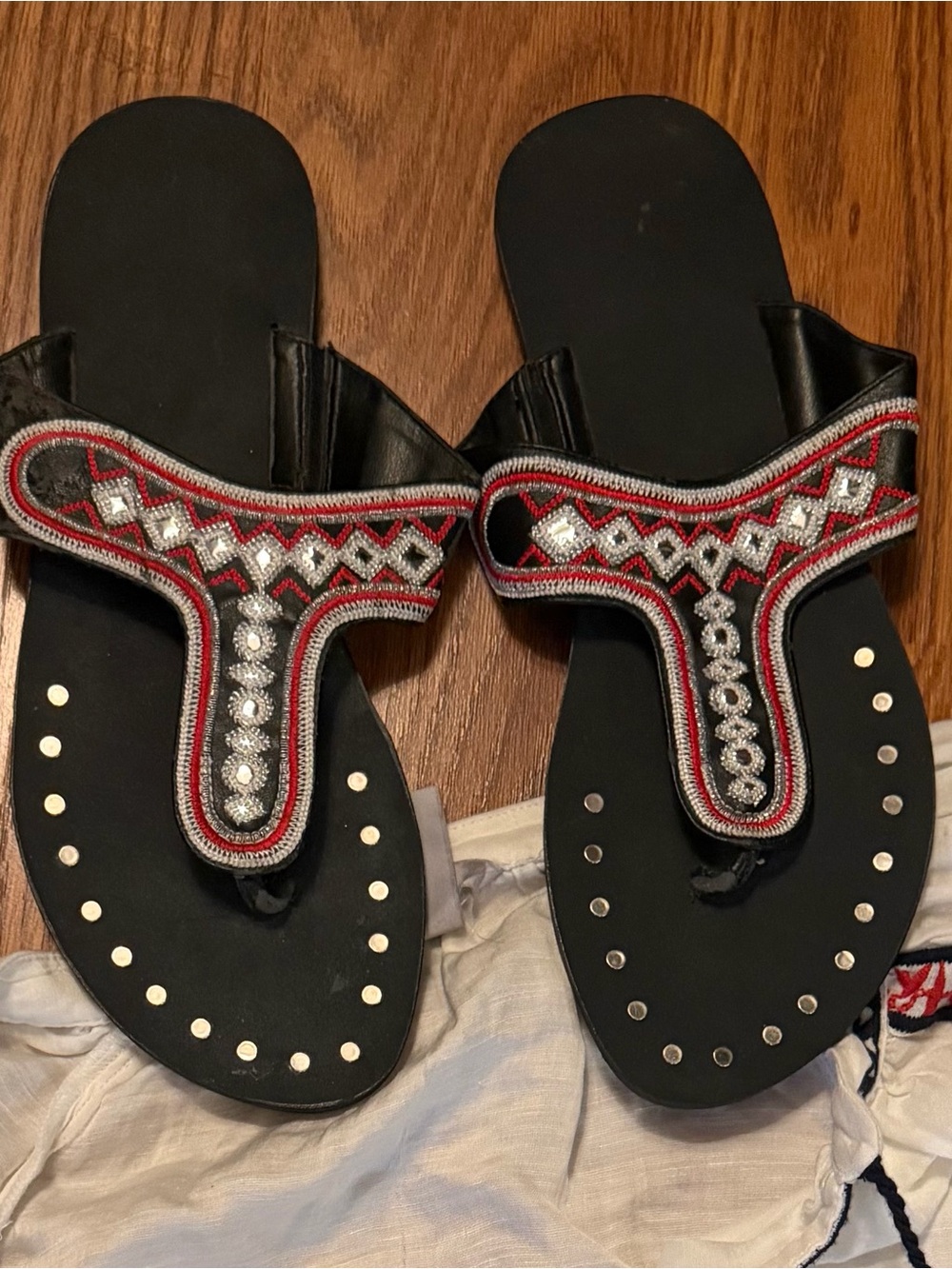 Womens Black Beaded T-Strap Sandals